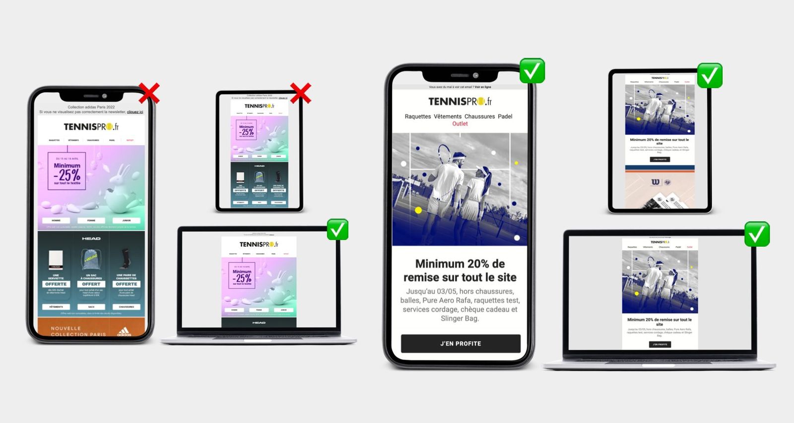 Avant : newsletter image. Après : newsletter HTML 100% responsive